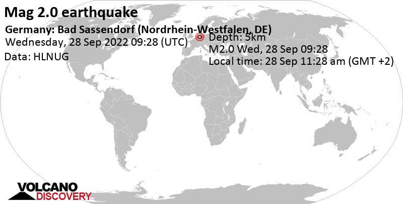 Weak mag. 2.0 earthquake - 5.2 km southeast of Soest, Germany, on Wednesday, Sep 28, 2022 at 11:28 am (GMT +2)