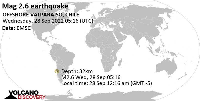 Sehr schwaches Beben Stärke 2.6 - South Pacific Ocean, 64 km südwestlich von Valparaíso, Provincia de Valparaiso, Chile, am Mittwoch, 28. Sep 2022 um 00:16 Lokalzeit