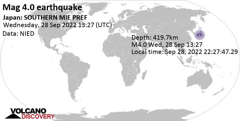 Light mag. 4.0 earthquake - Mie, 22 km north of Shingu, Wakayama, Japan, on Wednesday, Sep 28, 2022 at 10:27 pm (GMT +9)