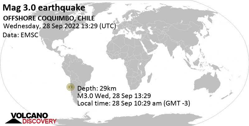 Schwaches Erdbeben Stärke 3.0 - South Pacific Ocean, 56 km südwestlich von Ovalle, Provincia de Limari, Coquimbo Region, Chile, am Mittwoch, 28. Sep 2022 um 10:29 Lokalzeit