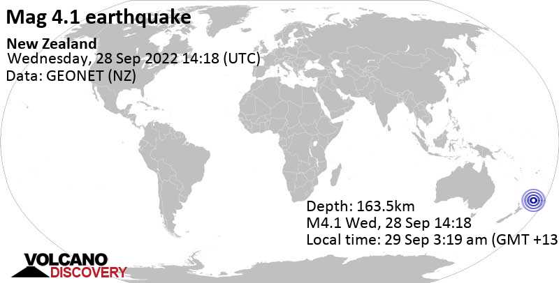 Light mag. 4.1 earthquake - Gisborne, New Zealand, on Thursday, Sep 29, 2022 at 3:18 am (GMT +13)