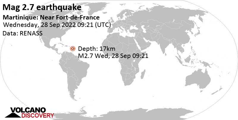 Weak mag. 2.7 earthquake - 70 km northeast of Fort-de-France, Martinique, on Wednesday, Sep 28, 2022 at 5:21 am (GMT -4)