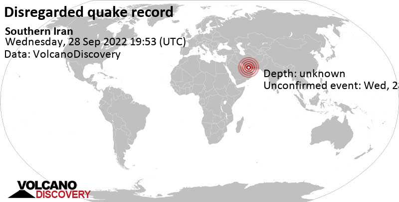 Unbekanntes (usrprünglich als Erdbeben) gemeldetes Ereignis: 55 km südwestlich von Bandar Abbas, Hormozgan, Iran, am Mittwoch, 28. Sep 2022 um 23:23 Lokalzeit