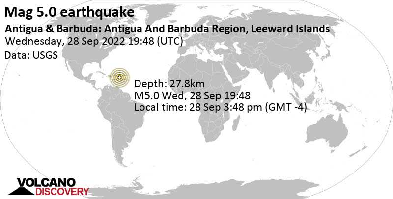 Moderate mag. 5.0 earthquake - North Atlantic Ocean, 94 km northeast of Saint John, Antigua & Barbuda, on Wednesday, Sep 28, 2022 at 3:48 pm (GMT -4)