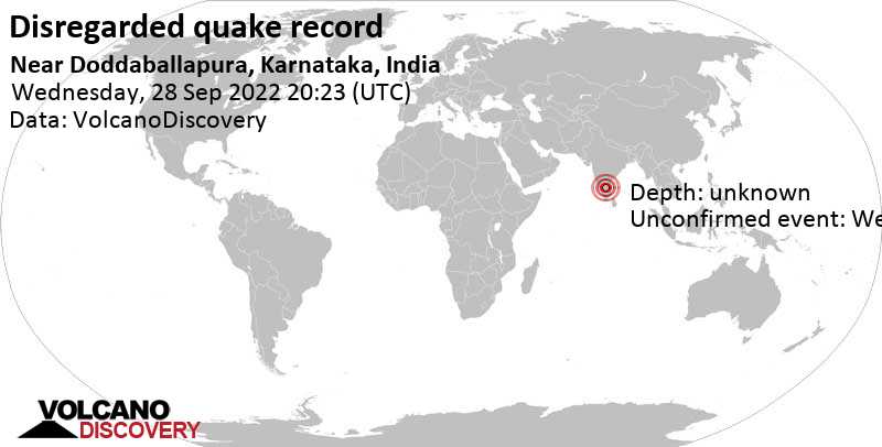 Unbekanntes (usrprünglich als Erdbeben) gemeldetes Ereignis: 7.2 km östlich von Bengaluru, Karnataka, Indien, am Donnerstag, 29. Sep 2022 um 01:53 Lokalzeit
