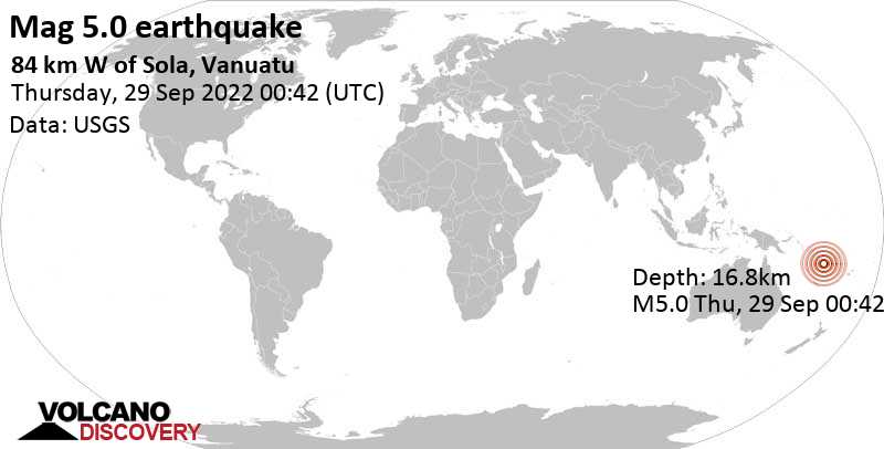 Terremoto moderato mag. 4.7 - Coral Sea, 85 km a ovest da Sola, Torba, Vanuatu, giovedì, 29 set 2022 11:42 (GMT +11)