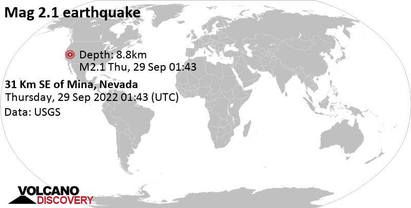 Weak mag. 2.1 earthquake - 31 Km SE of Mina, Nevada, on Wednesday, Sep 28, 2022 at 6:43 pm (GMT -7)