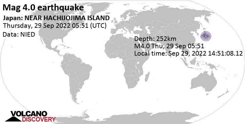 Light mag. 4.0 earthquake - Philippine Sea, 179 km south of Shizuoka, Prefectura de Shizuoka, Japan, on Thursday, Sep 29, 2022 at 2:51 pm (GMT +9)