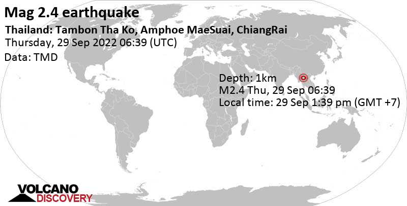 Weak mag. 2.4 earthquake - 51 km southwest of Chiang Rai, Thailand, on Thursday, Sep 29, 2022 at 1:39 pm (GMT +7)