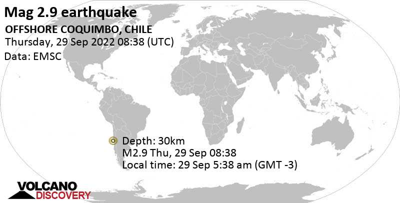 Schwaches Erdbeben Stärke 2.9 - South Pacific Ocean, 62 km nordwestlich von Illapel, Provincia de Choapa, Coquimbo Region, Chile, am Donnerstag, 29. Sep 2022 um 05:38 Lokalzeit