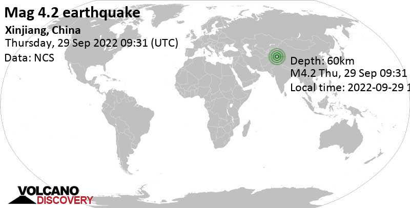 Leichtes Erdbeben der Stärke 4.2 - 176 km südlich von Shache, Kashgar, Xinjiang, China, am Donnerstag, 29. Sep 2022 um 17:31 Lokalzeit