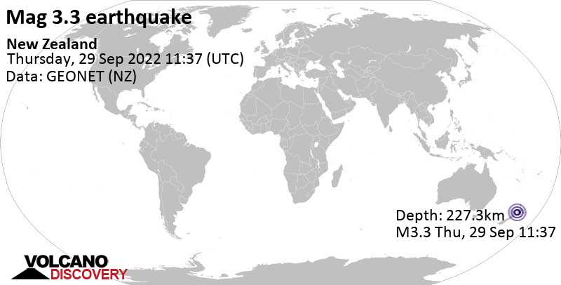 Sehr schwaches Beben Stärke 3.3 - 48 km südöstlich von New Plymouth, Taranaki, Neuseeland, am Freitag, 30. Sep 2022 um 00:37 Lokalzeit