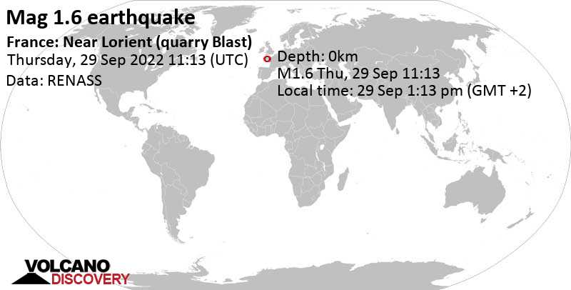 Μικρός σεισμός μεγέθους 1.6 - 15 km βορειοανατολικά από Λοριάν, Γαλλία, Πέμπτη, 29 Σεπ 2022 13:13 (GMT +2)