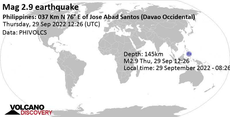 Sismo muy débil mag. 2.9 - Philippine Sea, 89 km E of General Santos City, Philippines, jueves, 29 sep 2022 20:26 (GMT +8)