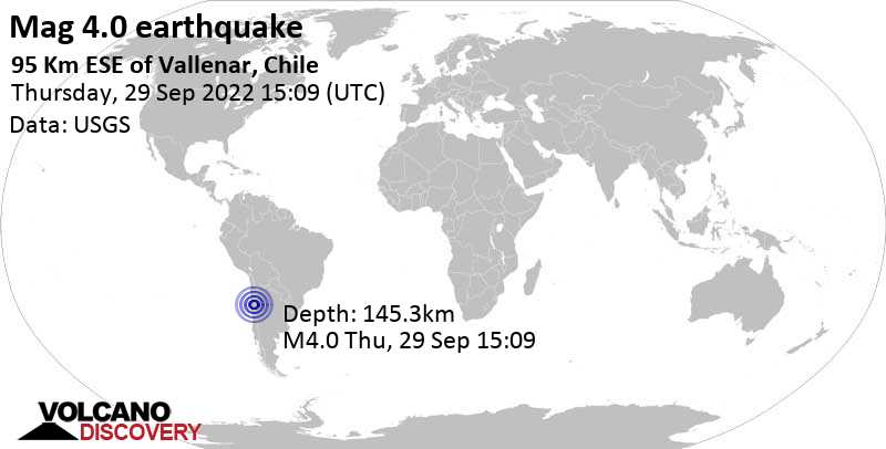 Ελαφρύς σεισμός μεγέθους 4.0 - 95 km ανατολικά από Vallenar, Provincia de Huasco, Atacama, Χιλή, Πέμπτη, 29 Σεπ 2022 12:09 (GMT -3)