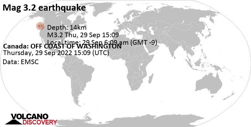 Light mag. 3.2 earthquake - North Pacific Ocean, Canada, on Thursday, Sep 29, 2022 at 6:09 am (GMT -9)