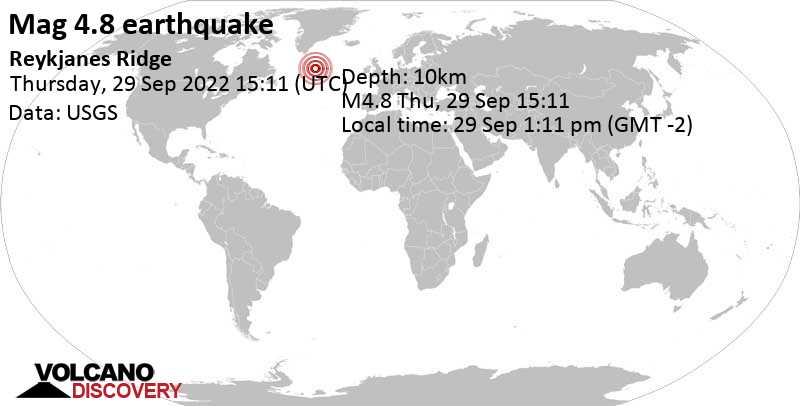 Moderates Erdbeben der Stärke 4.8 - North Atlantic Ocean, am Donnerstag, 29. Sep 2022 um 13:11 Lokalzeit