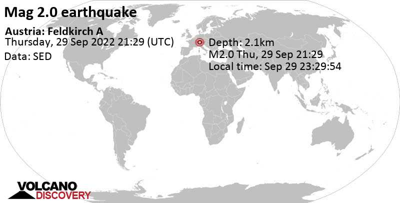 Αδύναμος σεισμός μεγέθους 2.0 - 6.3 km νότια από Feldkirch, Φόραρλμπεργκ, Αυστρία, Πέμπτη, 29 Σεπ 2022 23:29 (GMT +2)