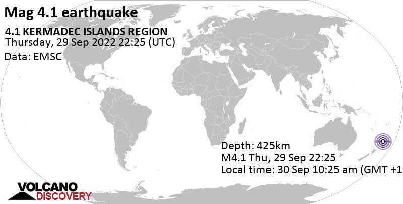 Leichtes Erdbeben der Stärke 4.1 - South Pacific Ocean, am Freitag, 30. Sep 2022 um 10:25 Lokalzeit