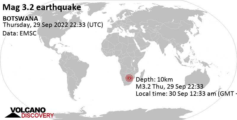 Ελαφρύς σεισμός μεγέθους 3.2 - 37 km ανατολικά από Μοτσούντι, Μποτσουάνα, Παρασκευή, 30 Σεπ 2022 00:33 (GMT +2)