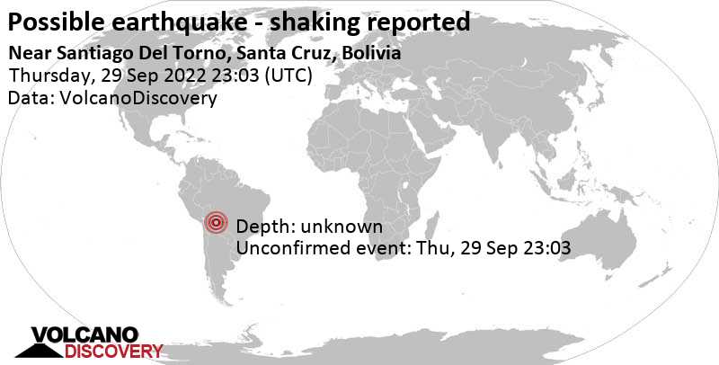 Séisme signalé ou événement semblable à un séisme: 2.8 km au sud de Santa Cruz, Bolivie, jeudi, 29 sept. 2022 19:03 (GMT -4)