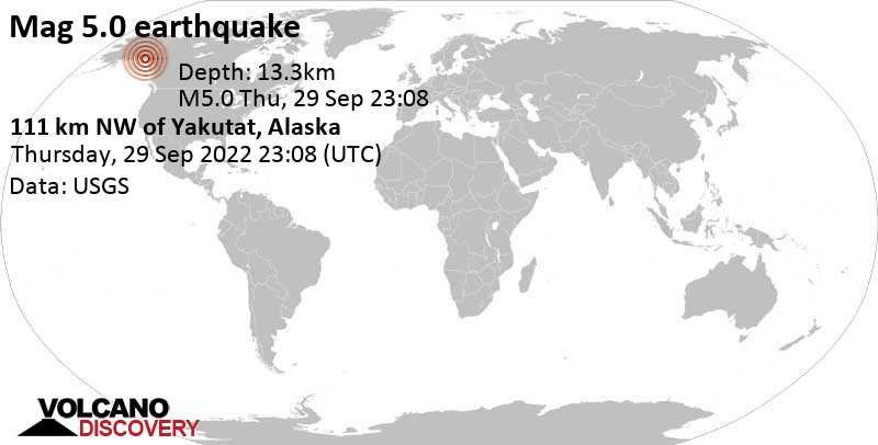 Fuerte terremoto magnitud 5.1 - 111 Km NW of Yakutat, Alaska, jueves, 29 sep 2022 15:08 (GMT -8)
