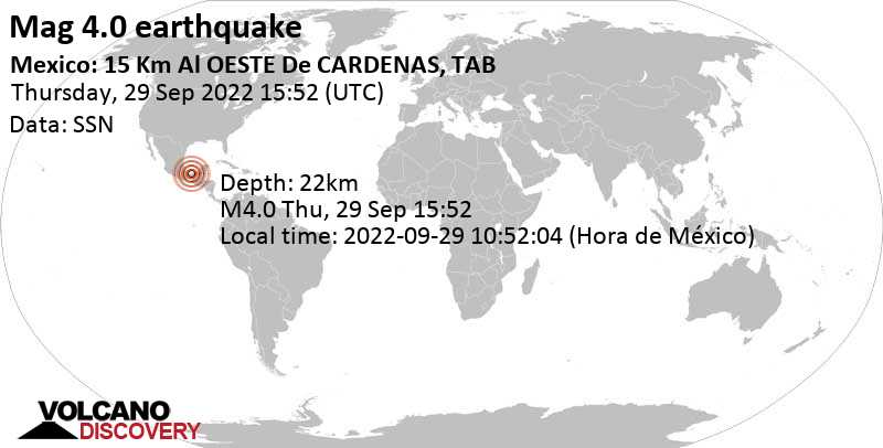 Light mag. 4.0 earthquake - 15 km west of Cardenas, Tabasco, Mexico, on Thursday, Sep 29, 2022 at 10:52 am (GMT -5)