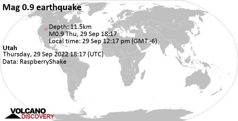 Minor mag. 0.9 earthquake - Utah on Thursday, Sep 29, 2022 at 12:17 pm (GMT -6)