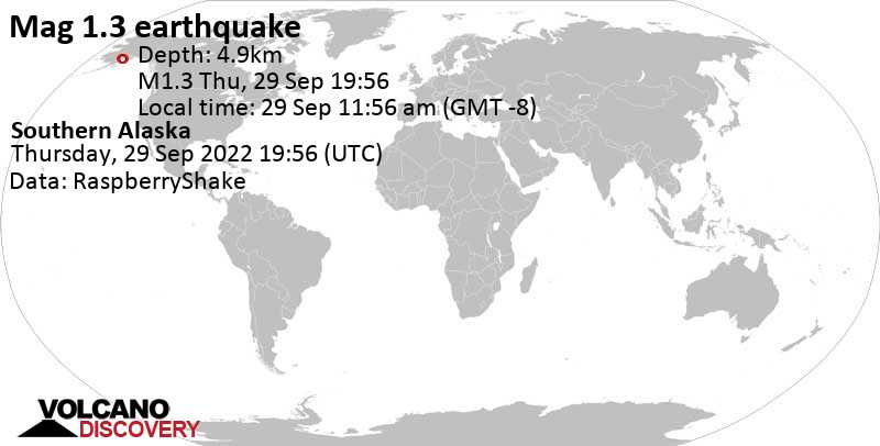 Minor mag. 1.3 earthquake - Southern Alaska on Thursday, Sep 29, 2022 at 11:56 am (GMT -8)