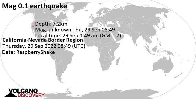 Minor mag. 0.1 earthquake - California-Nevada Border Region on Thursday, Sep 29, 2022 at 1:49 am (GMT -7)