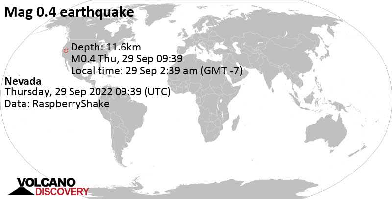 Minor mag. 0.4 earthquake - Nevada on Thursday, Sep 29, 2022 at 2:39 am (GMT -7)