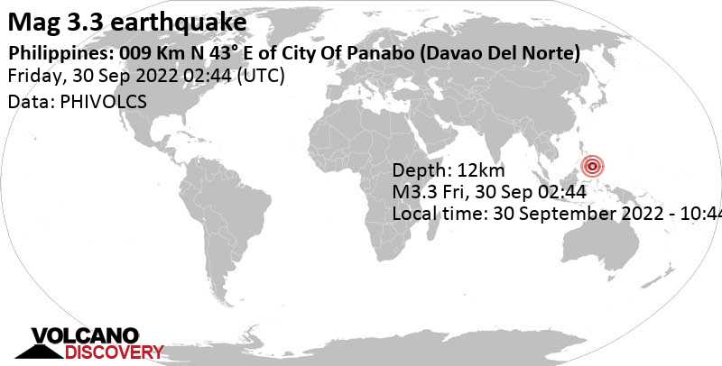 Terremoto leve mag. 3.3 - 6.2 km NE of Panabo, Davao, Philippines, viernes, 30 sep 2022 10:44 (GMT +8)