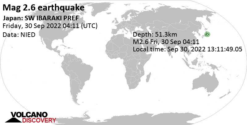 Minor mag. 2.6 earthquake - 6.9 km west of Tsukuba, Ibaraki, Japan, on Friday, Sep 30, 2022 at 1:11 pm (GMT +9)