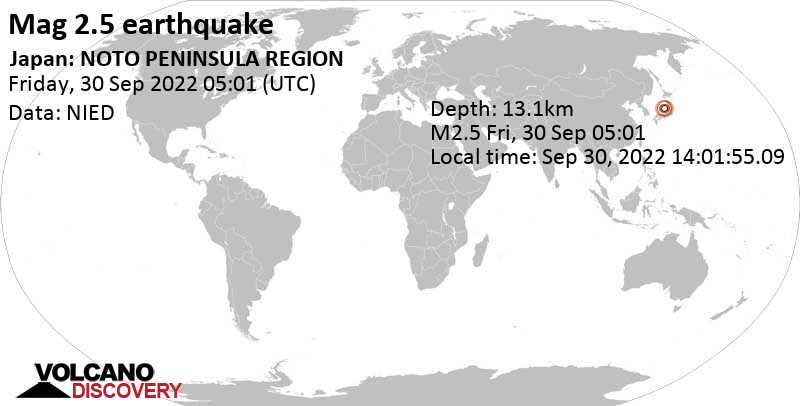 Weak mag. 2.5 earthquake - 61 km northeast of Nanao, Ishikawa, Japan, on Friday, Sep 30, 2022 at 2:01 pm (GMT +9)