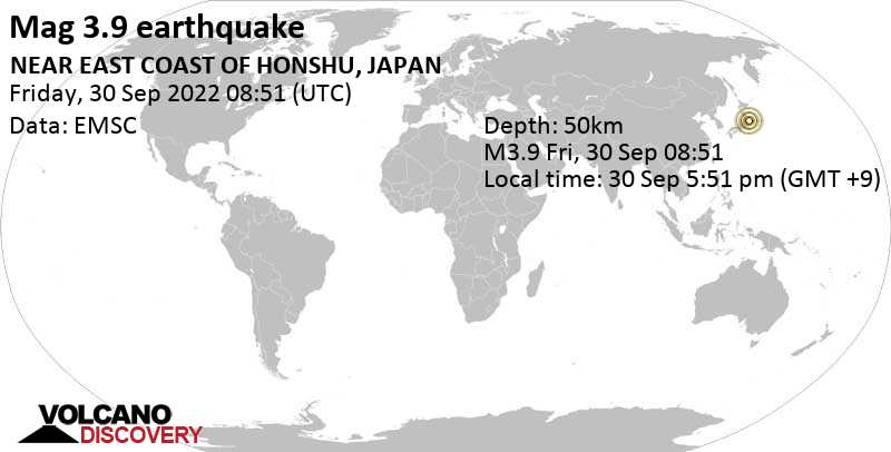 Light mag. 3.9 earthquake - North Pacific Ocean, 90 km southeast of Sendai, Honshu-miyagi-ken, Japan, on Friday, Sep 30, 2022 at 5:51 pm (GMT +9)