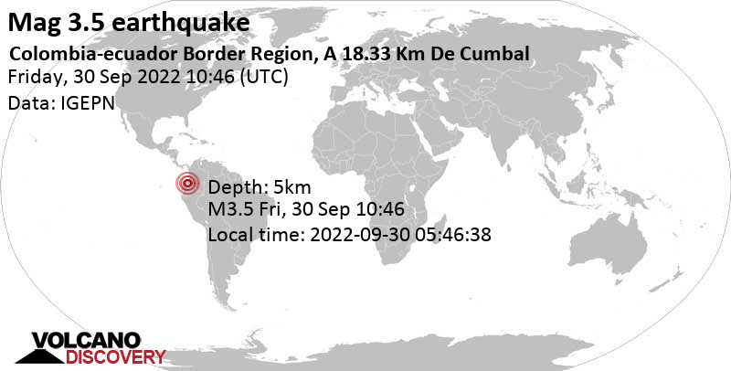 Light mag. 3.5 earthquake - Departamento de Nariño, Colombia, 25 km west of Tulcan, Ecuador, on Friday, Sep 30, 2022 at 5:46 am (GMT -5)