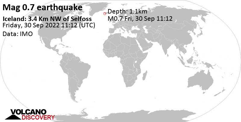 Незначительное землетрясение маг. 0.7 - Iceland: 3.4 Km NW of Selfoss, Пятница, 30 сен 2022 11:12 (GMT +0)