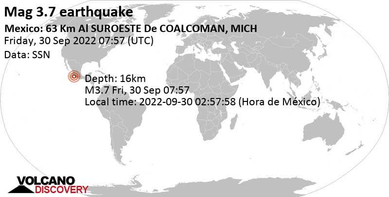 Terremoto leve mag. 3.7 - North Pacific Ocean, 45 km SSE of Aquila, Michoacan, Mexico, viernes, 30 sep 2022 02:57 (GMT -5)