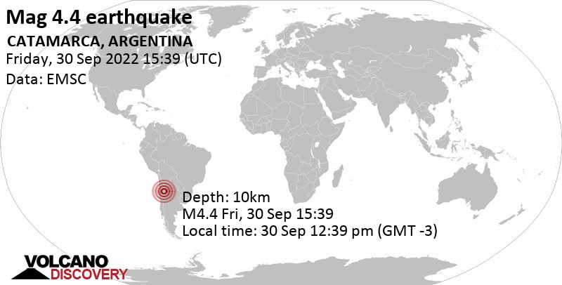 Moderate mag. 4.4 earthquake - 27 km north of Fiambala, Departamento de Tinogasta, Catamarca, Argentina, on Friday, Sep 30, 2022 at 12:39 pm (GMT -3)
