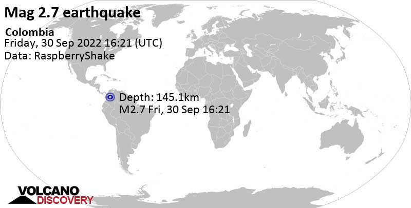 Незначительное землетрясение маг. 2.7 - 6.5 km к востоку от Villa de San Diego de Ubaté, Колумбия, Пятница, 30 сен 2022 11:21 (GMT -5)