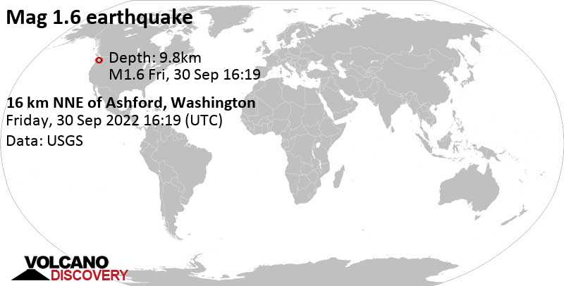 Sehr schwaches Beben Stärke 1.6 - 16 Km NNE of Ashford, Washington, am Freitag, 30. Sep 2022 um 09:19 Lokalzeit
