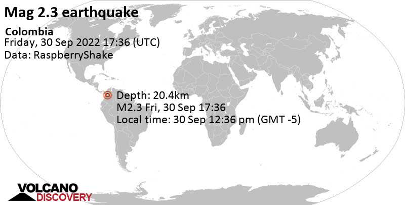 Minor mag. 2.3 earthquake - 18 km south of Puerto Boyaca, Puerto Boyacá, Boyaca, Colombia, on Friday, Sep 30, 2022 at 12:36 pm (GMT -5)