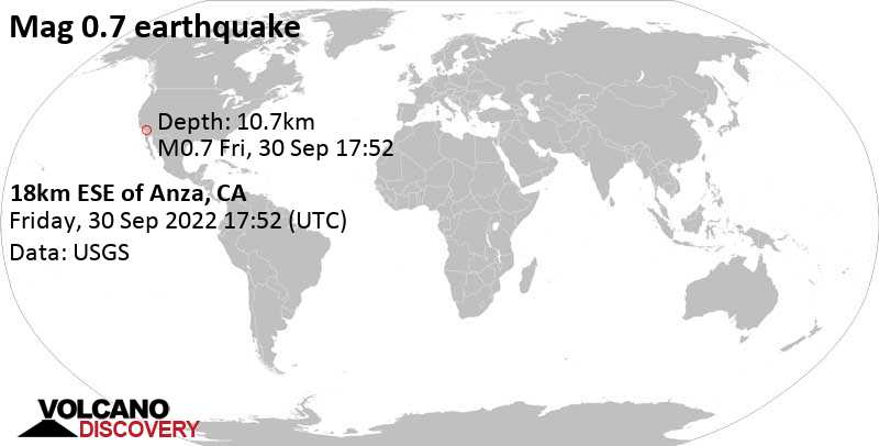 Séisme mineur mag. 0.7 - 18km ESE of Anza, CA, vendredi, 30 sept. 2022 10:52 (GMT -7)