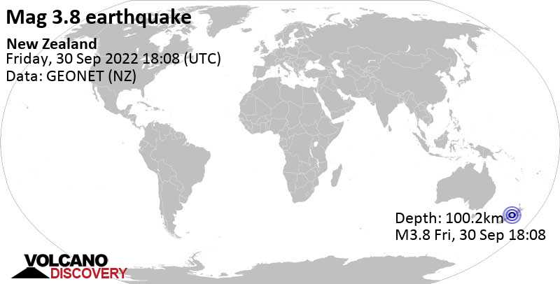 Schwaches Erdbeben Stärke 3.8 - Tasman, 35 km westlich von Nelson, Neuseeland, am Samstag,  1. Okt 2022 um 07:08 Lokalzeit