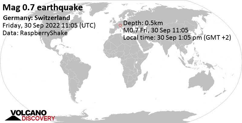 Sismo muy débil mag. 0.7 - Germany: Switzerland, viernes, 30 sep 2022 13:05 (GMT +2)