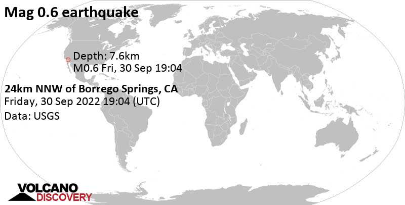 Незначительное землетрясение маг. 0.6 - 24km NNW of Borrego Springs, CA, Пятница, 30 сен 2022 12:04 (GMT -7)