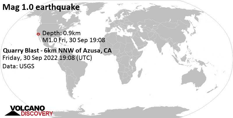 Minor mag. 1.0 earthquake - Quarry Blast - 6km NNW of Azusa, CA, on Friday, Sep 30, 2022 at 12:08 pm (GMT -7)