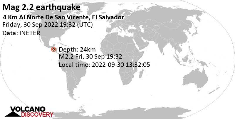 Séisme mineur mag. 2.2 - 6.1 km au nord-est de San Vicente, Salvador, vendredi, 30 sept. 2022 13:32 (GMT -6)