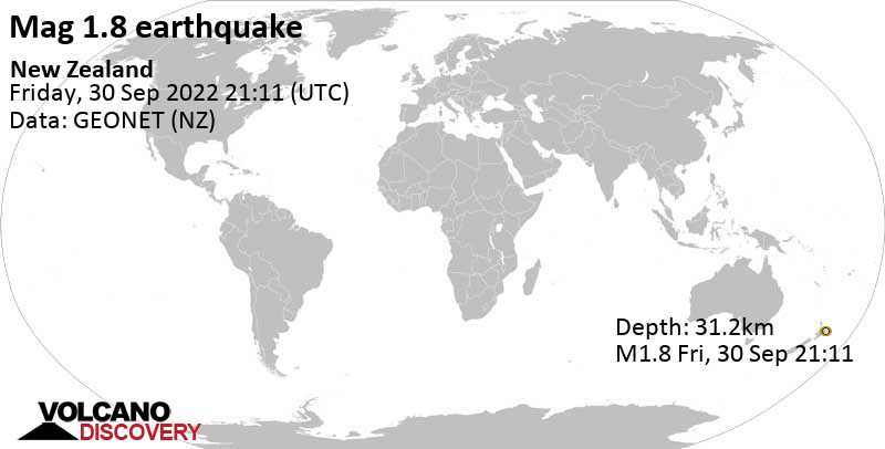 Sehr schwaches Beben Stärke 1.8 - 27 km nordwestlich von Gisborne, Neuseeland, am Samstag,  1. Okt 2022 um 10:11 Lokalzeit