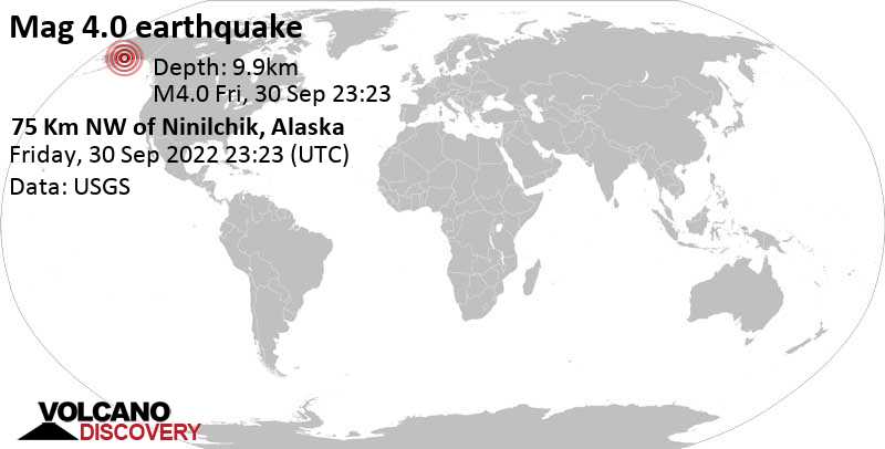 Moderates Erdbeben der Stärke 4.0 - 80 km westlich von Kalifornsky, Kenai Peninsula, Alaska, USA, am Freitag, 30. Sep 2022 um 15:23 Lokalzeit
